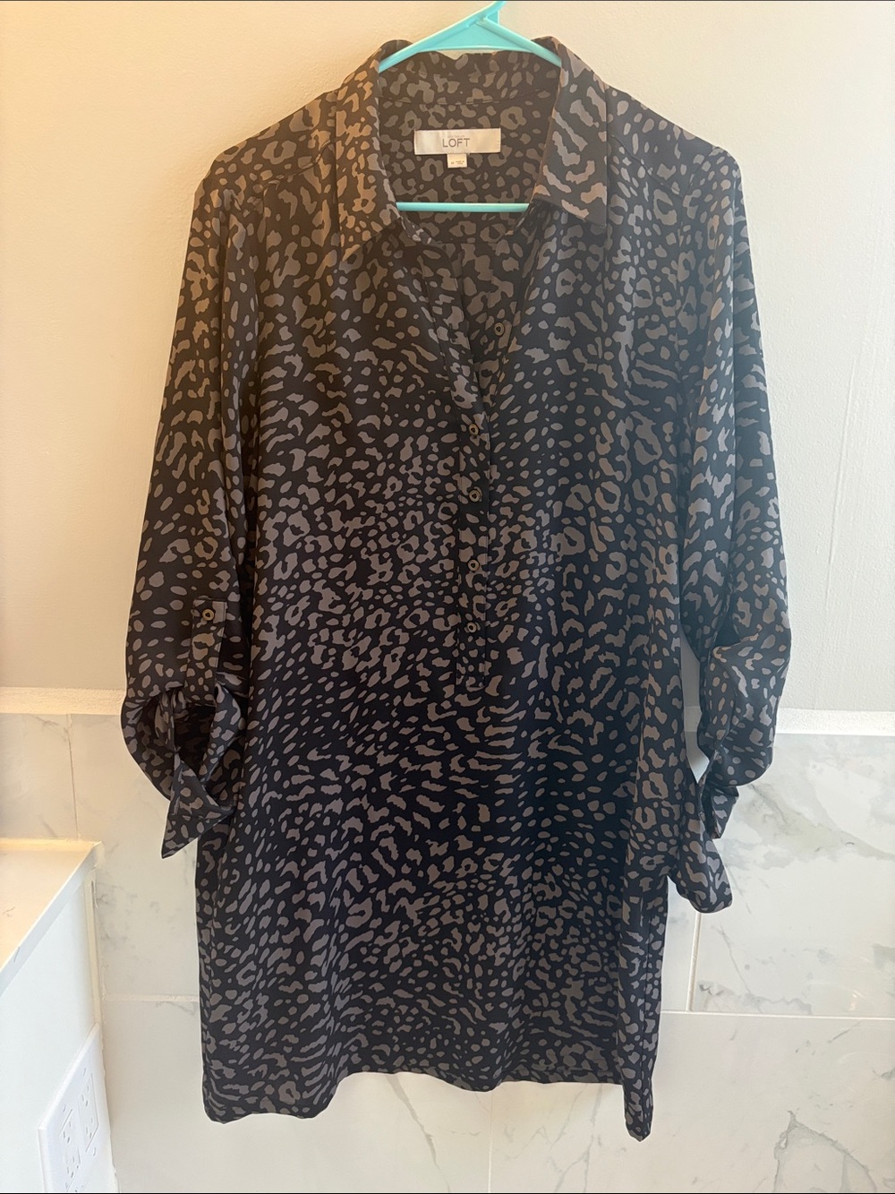 LOFT Black and Gray Leopard-Print Long Sleeve Shirt Dress